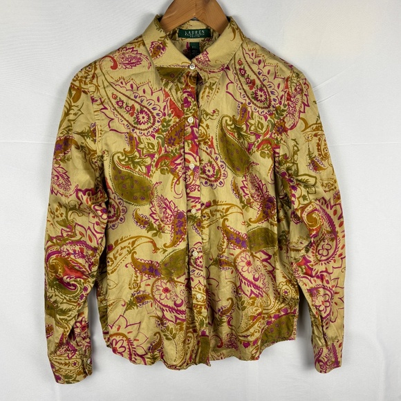 Lauren Ralph Lauren Womens Long Sleeve Button Up Shirt Top Sz LP Classic Office - Picture 1 of 8